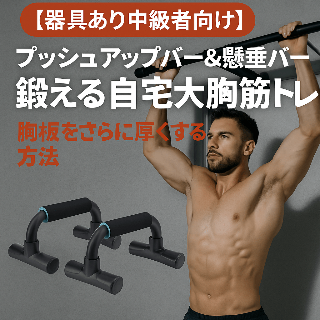 【器具あり中級者向け】プッシュアップバー＆懸垂バーで鍛える自宅大胸筋トレ｜胸板をさらに厚くする方法